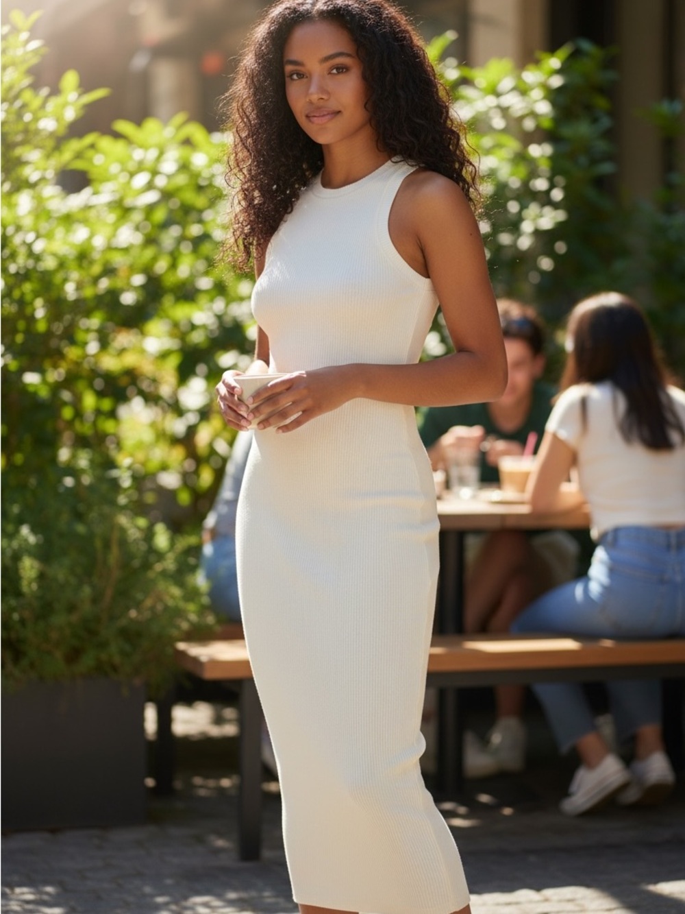 River Island Cream Sleeveless Ribbed Midi Dress